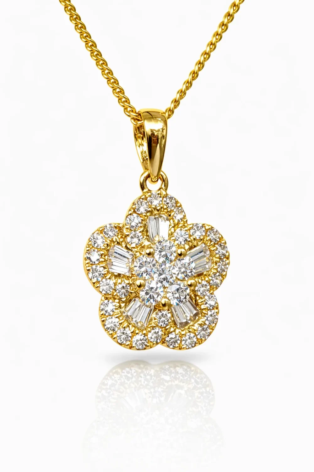 18ct Yellow Gold Natural Diamond Flower Pendant (0.35ct TDW) – Round & Baguette Cluster - 18KR23719PL