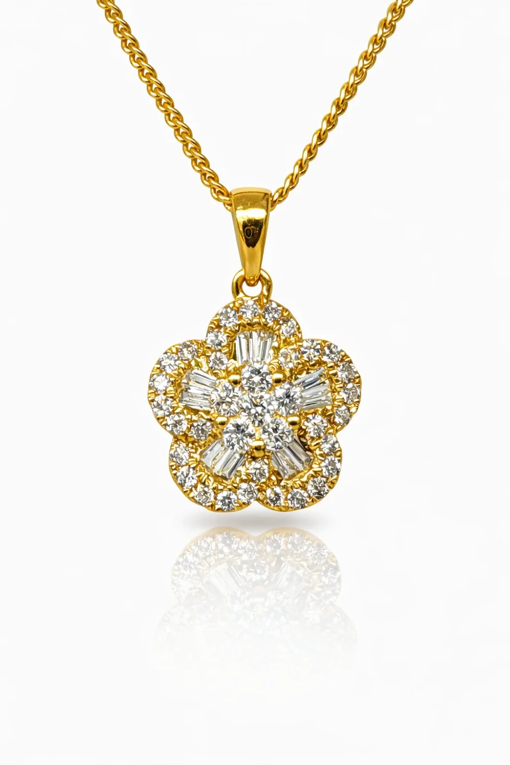 18ct Yellow Gold Natural Diamond Flower Pendant (0.35ct TDW) – Round & Baguette Cluster - 18KR23719PL