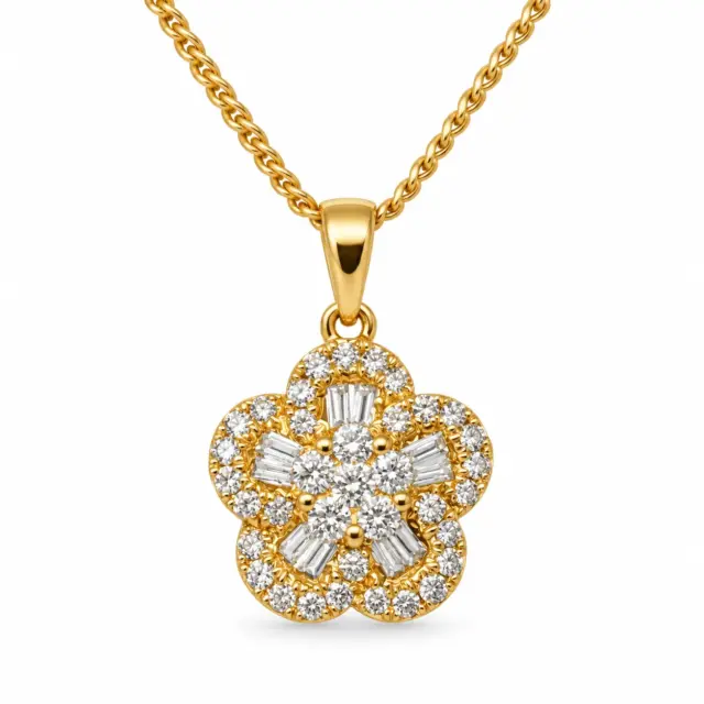 18ct Yellow Gold Natural Diamond Flower Pendant (0.35ct TDW) – Round & Baguette Cluster - 18KR23719PL