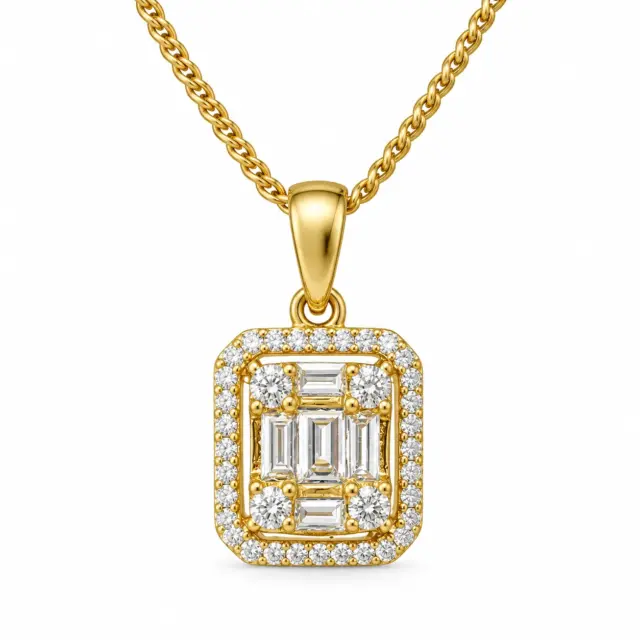 18ct Yellow Gold Natural Diamond Halo Pendant 0.176ct Round & Baguette Diamonds - 18KR35808APL