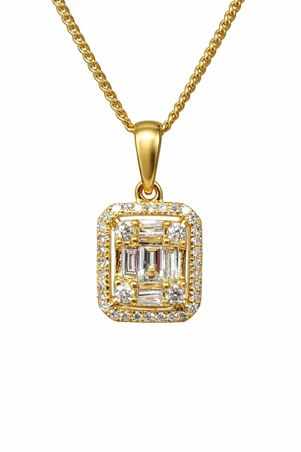 18ct Yellow Gold Natural Diamond Halo Pendant 0.176ct Round & Baguette Diamonds - 18KR35808APL
