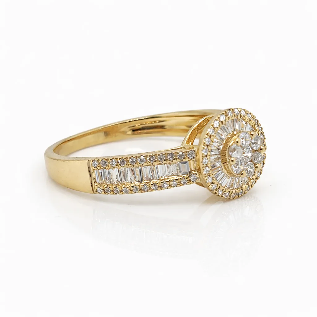 18ct Yellow Gold Natural Diamond Halo Ring 0.42ct TDW Round & Baguette Cut - 18KR29957AL