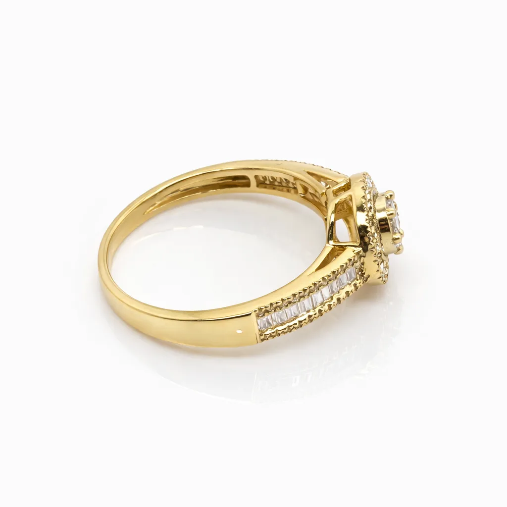 18ct Yellow Gold Natural Diamond Halo Ring 0.42ct TDW Round & Baguette Cut - 18KR29957AL