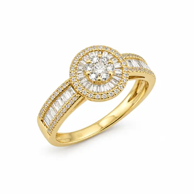18ct Yellow Gold Natural Diamond Halo Ring 0.42ct TDW Round & Baguette Cut - 18KR29957AL