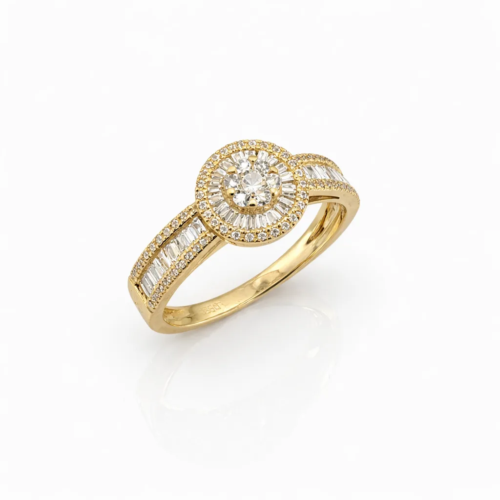 18ct Yellow Gold Natural Diamond Halo Ring 0.42ct TDW Round & Baguette Cut - 18KR29957AL