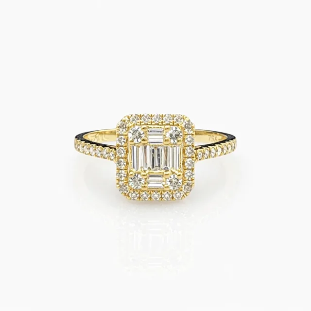 18ct Yellow Gold Natural Diamond Halo Ring 0.50ct TDW Round & Baguette Cut - 18KR41292AL