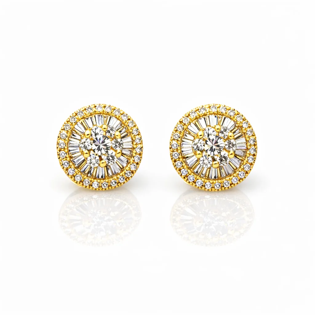 18ct Yellow Gold Natural Diamond Halo Stud Earrings 0.43ct – Round & Baguette - 18KR31199EL