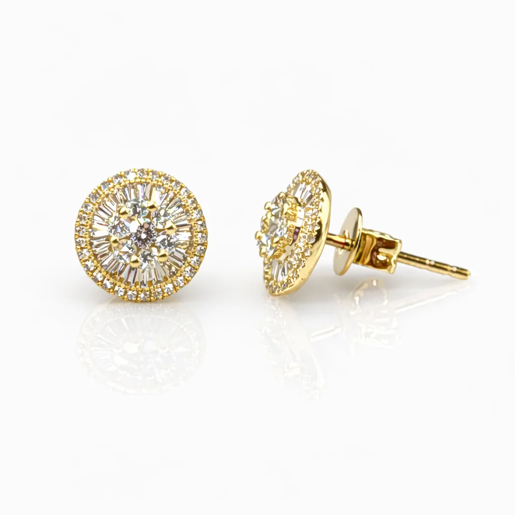 18ct Yellow Gold Natural Diamond Halo Stud Earrings 0.43ct – Round & Baguette - 18KR31199EL