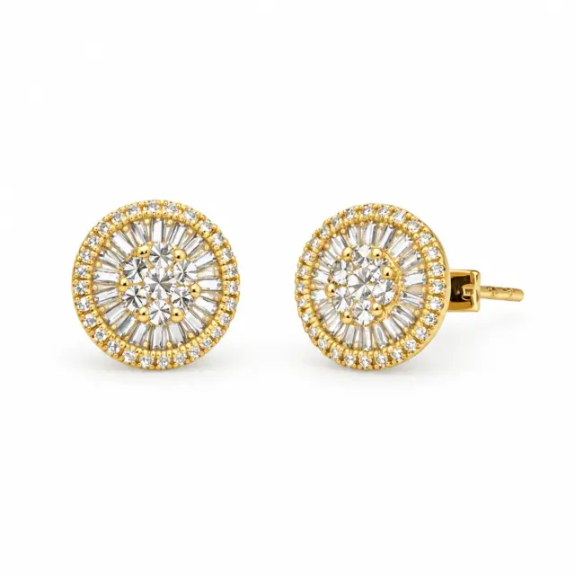 18ct Yellow Gold Natural Diamond Halo Stud Earrings 0.43ct – Round & Baguette - 18KR31199EL