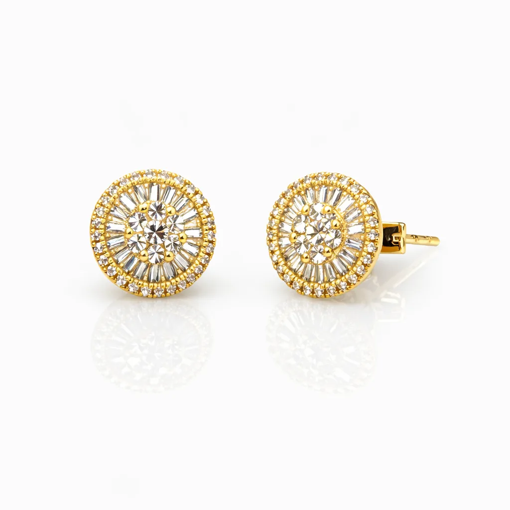 18ct Yellow Gold Natural Diamond Halo Stud Earrings 0.43ct – Round & Baguette - 18KR31199EL