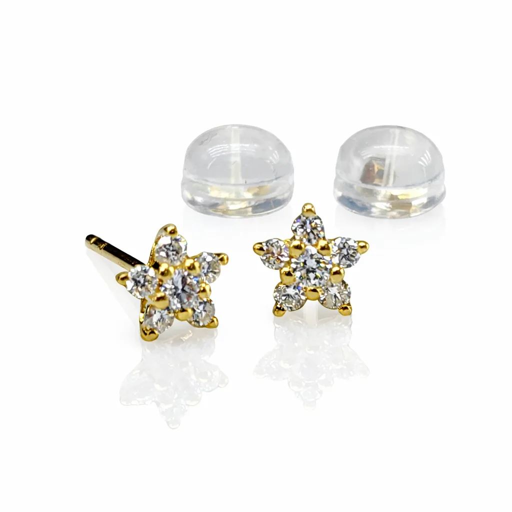 18ct Yellow Gold Natural Diamond Star Stud Earrings 5.5mm (0.232ct TDW) Claw Set + Silicone Secured Butterflies - 18KRSE7901L