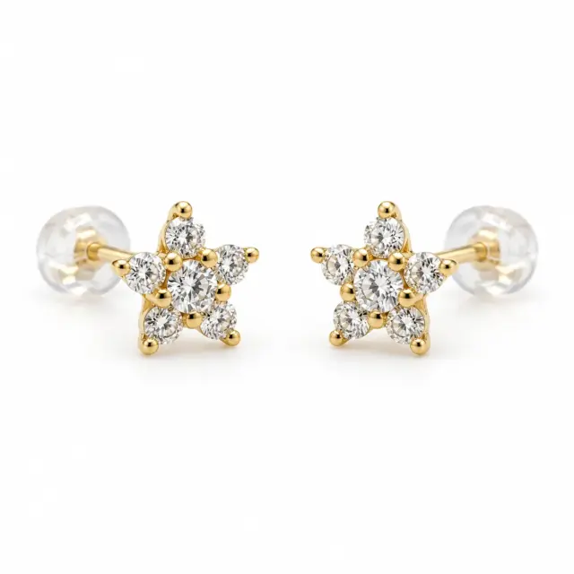 18ct Yellow Gold Natural Diamond Star Stud Earrings 5.5mm (0.232ct TDW) Claw Set + Silicone Secured Butterflies - 18KRSE7901L