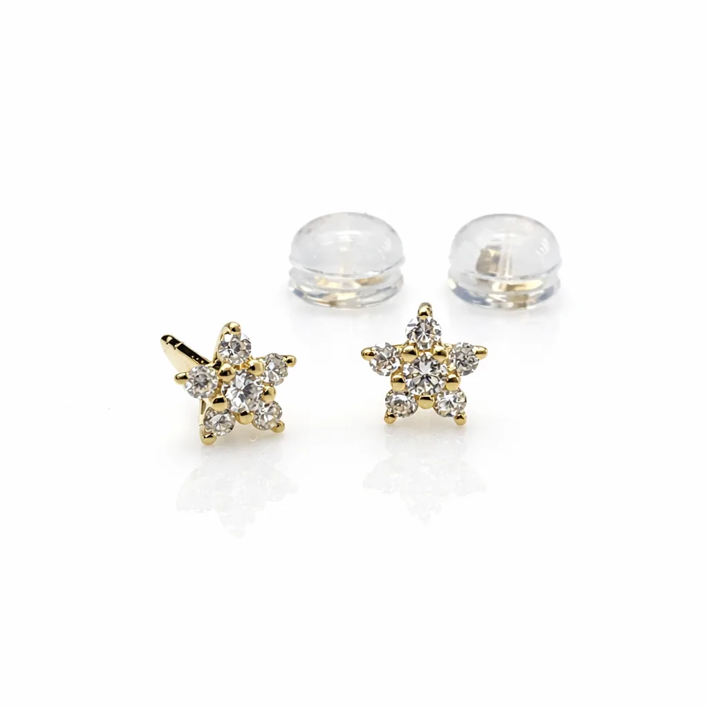 18ct Yellow Gold Natural Diamond Star Stud Earrings 5.5mm (0.232ct TDW) Claw Set + Silicone Secured Butterflies - 18KRSE7901L