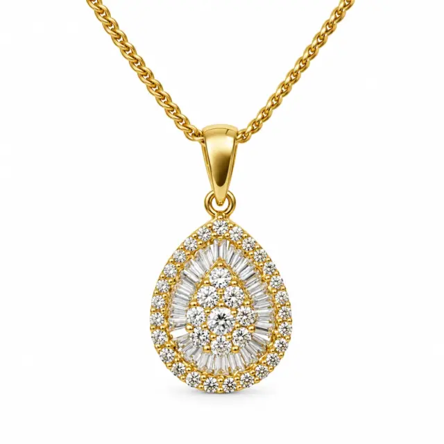 18ct Yellow Gold Natural Diamond Teardrop Pendant 0.364ct Round & Baguette Cut - 18KR25667PAL