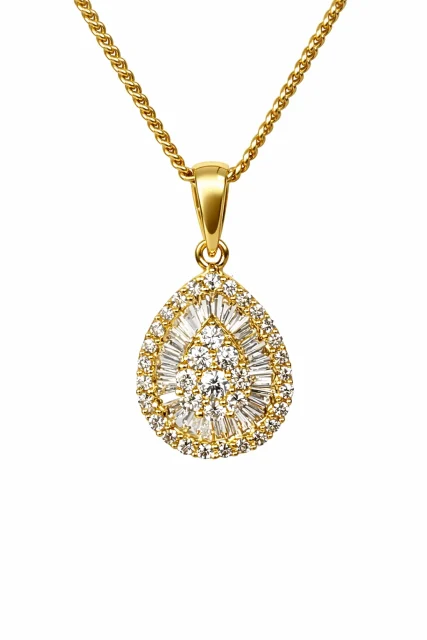 18ct Yellow Gold Natural Diamond Teardrop Pendant 0.364ct Round & Baguette Cut - 18KR25667PAL