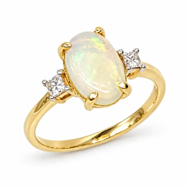 18ct Yellow Gold Oval Opal Ring with Diamond Accents