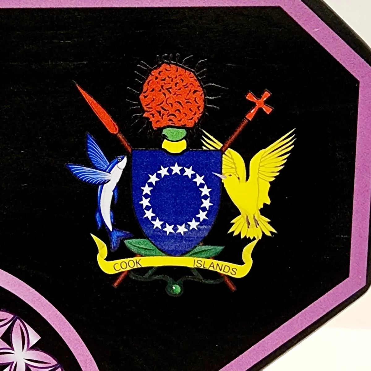 Island Design Purple Theme Colour UV Printed Birthday Key with Coat of Arms of The Cook Islands and Matching Colour Stand - Design 2256