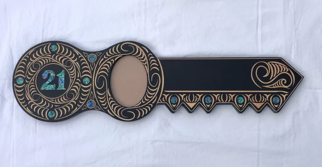 21st Maori Design Key with Laser Engraved Patterns & 21 Round Paua Shell Inlay - Design 2146