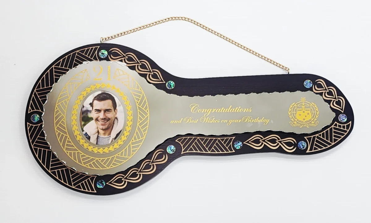 21st Birthday Samoan Inspired Wooden Key with Mirror Insert, Paua Shell Inlays & Traditional Sila Design - SJ2504BLKPAUA