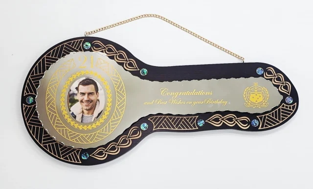 21st Birthday Samoan Inspired Wooden Key with Mirror Insert, Paua Shell Inlays & Traditional Sila Design - SJ2504BLKPAUA