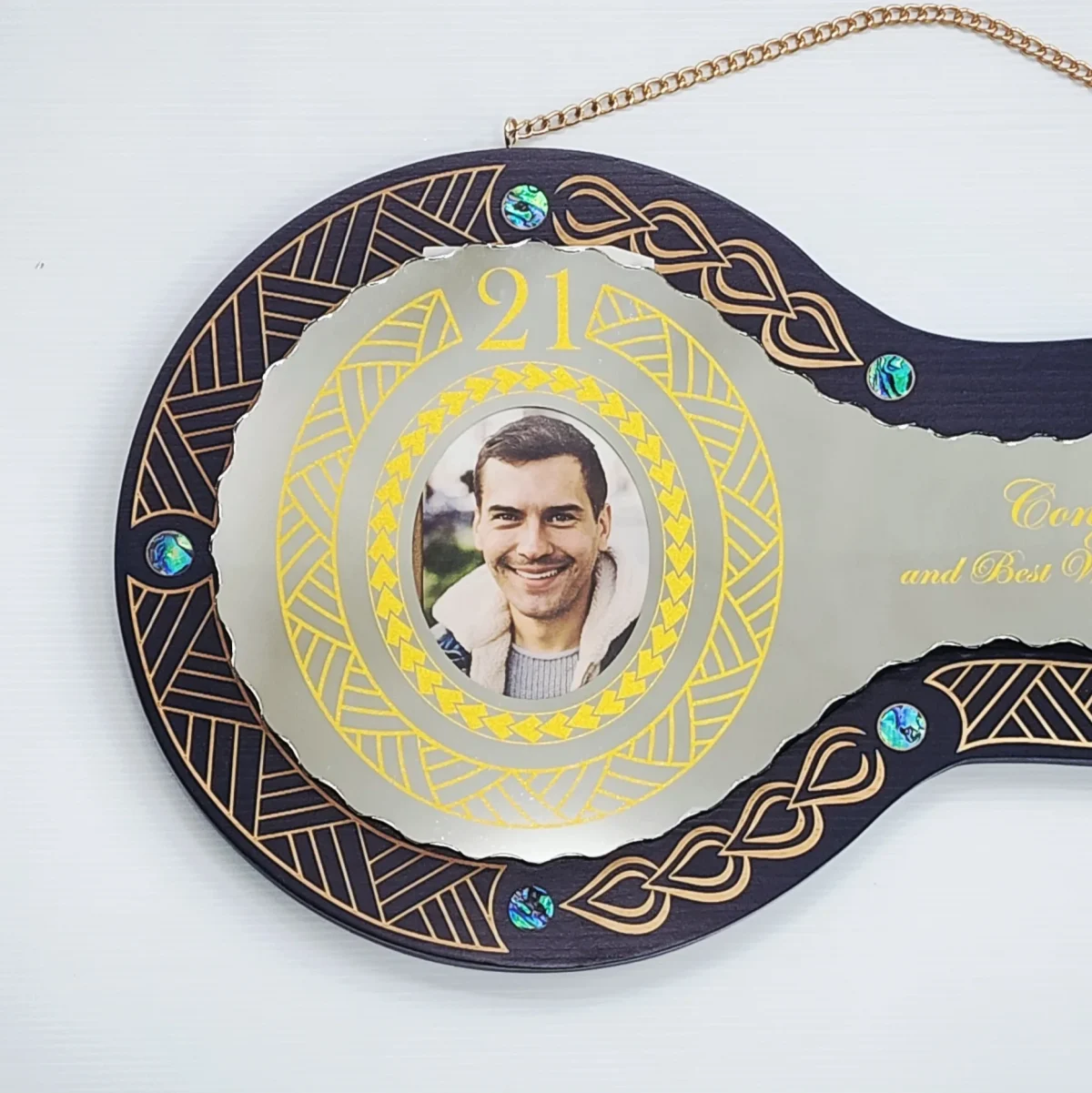 21st Birthday Samoan Inspired Wooden Key with Mirror Insert, Paua Shell Inlays & Traditional Sila Design - SJ2504BLKPAUA