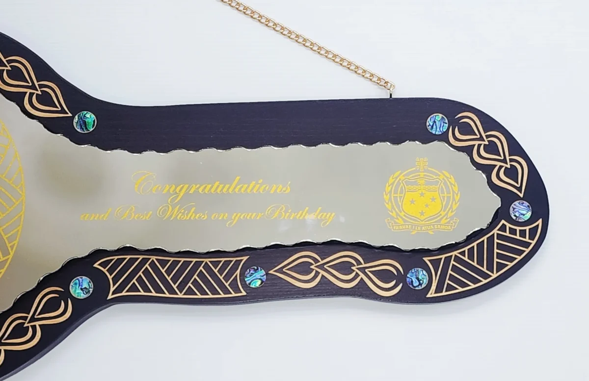 21st Birthday Samoan Inspired Wooden Key with Mirror Insert, Paua Shell Inlays & Traditional Sila Design - SJ2504BLKPAUA