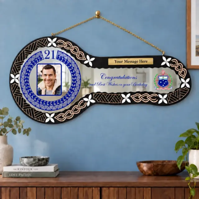 21st Birthday Samoan Wooden Key with Mirror Insert, Mother of Pearl Petals & Traditional Sila Design - SJ2415BLKMOP