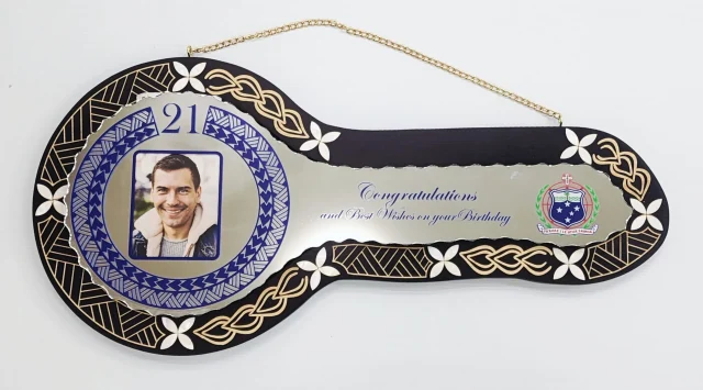 21st Birthday Samoan Wooden Key with Mirror Insert, Mother of Pearl Petals & Traditional Sila Design - SJ2415BLKMOP