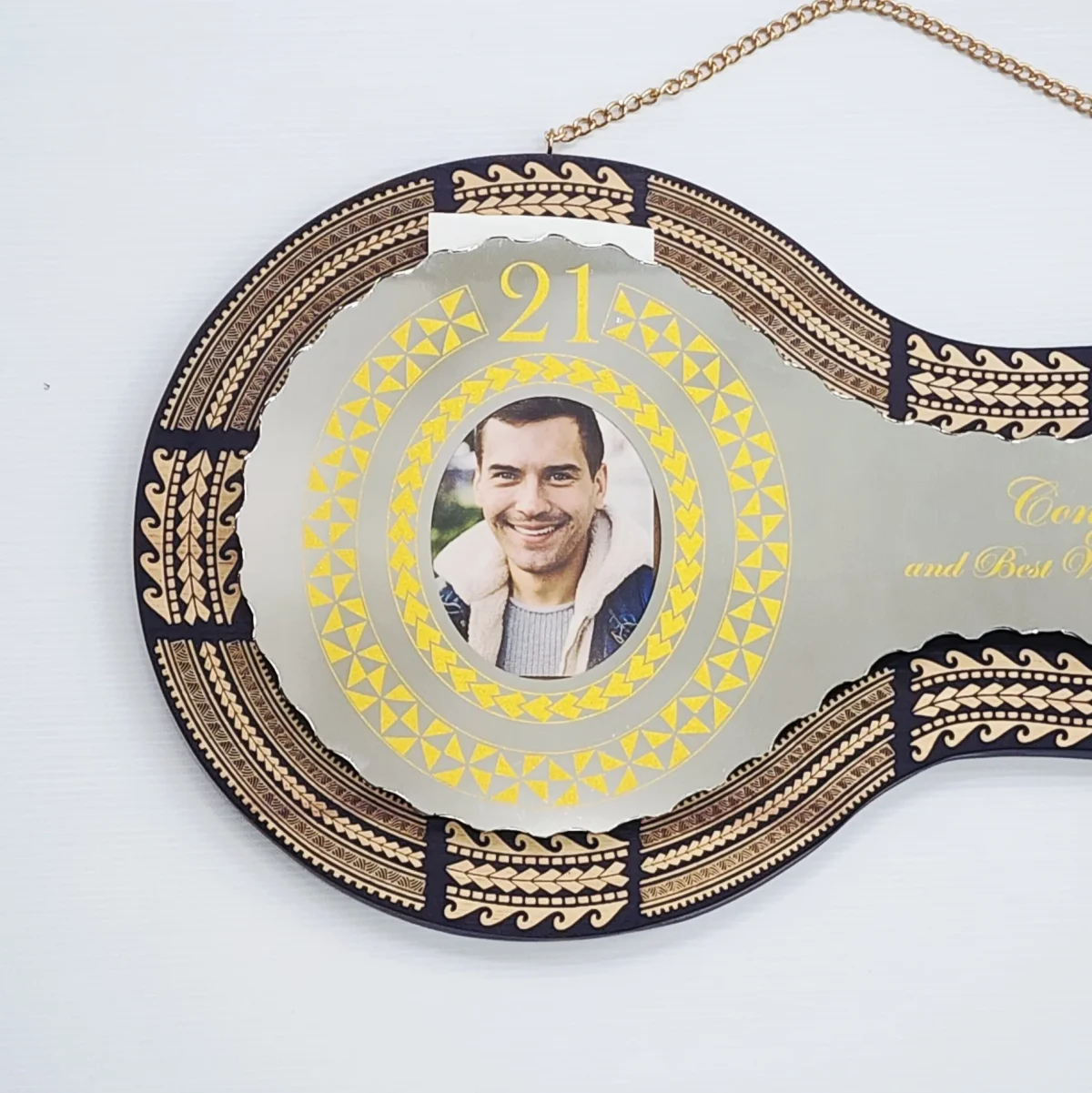 21st Birthday Tongan Inspired Wooden Key with Mirror Insert & Traditional Tongan Tattoo Design - SJ2502BLKTATTOO
