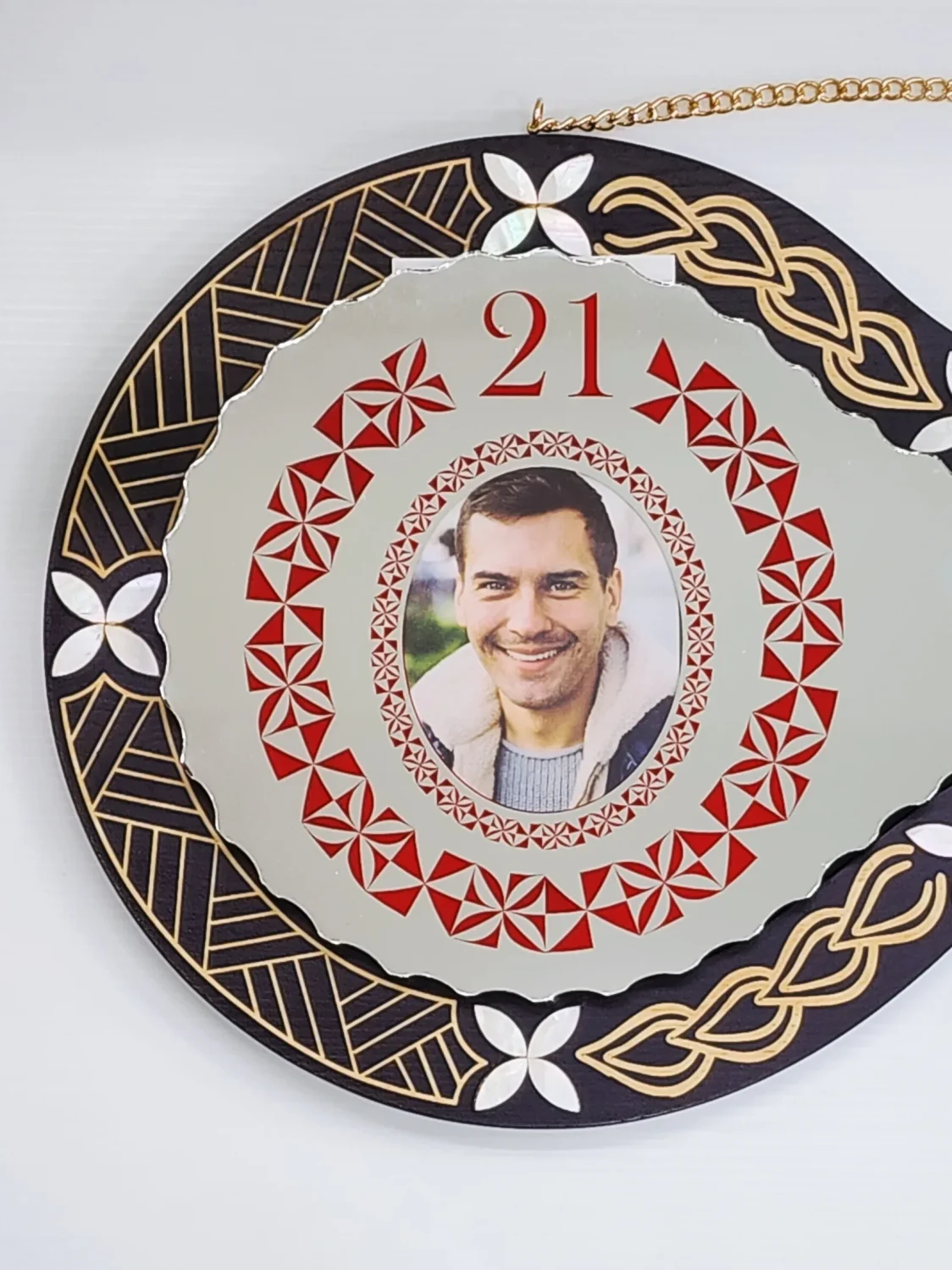 21st Birthday Wooden Key Black Shade Island Design with Tongan Design Mirror Key Insert - 2144BLKSJ2406