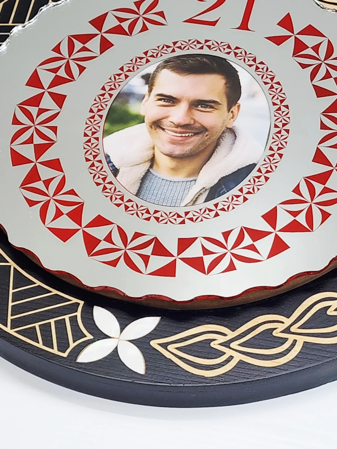 21st Birthday Wooden Key Black Shade Island Design with Tongan Design Mirror Key Insert - 2144BLKSJ2406