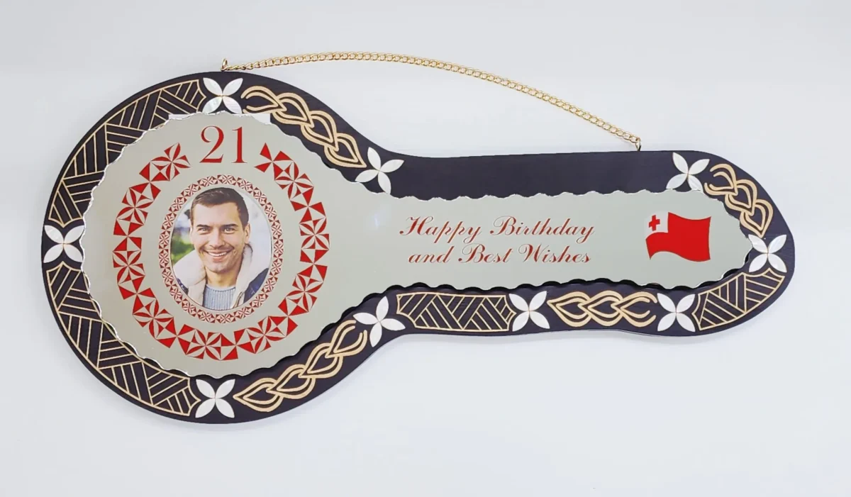21st Birthday Wooden Key Black Shade Island Design with Tongan Design Mirror Key Insert - 2144BLKSJ2406