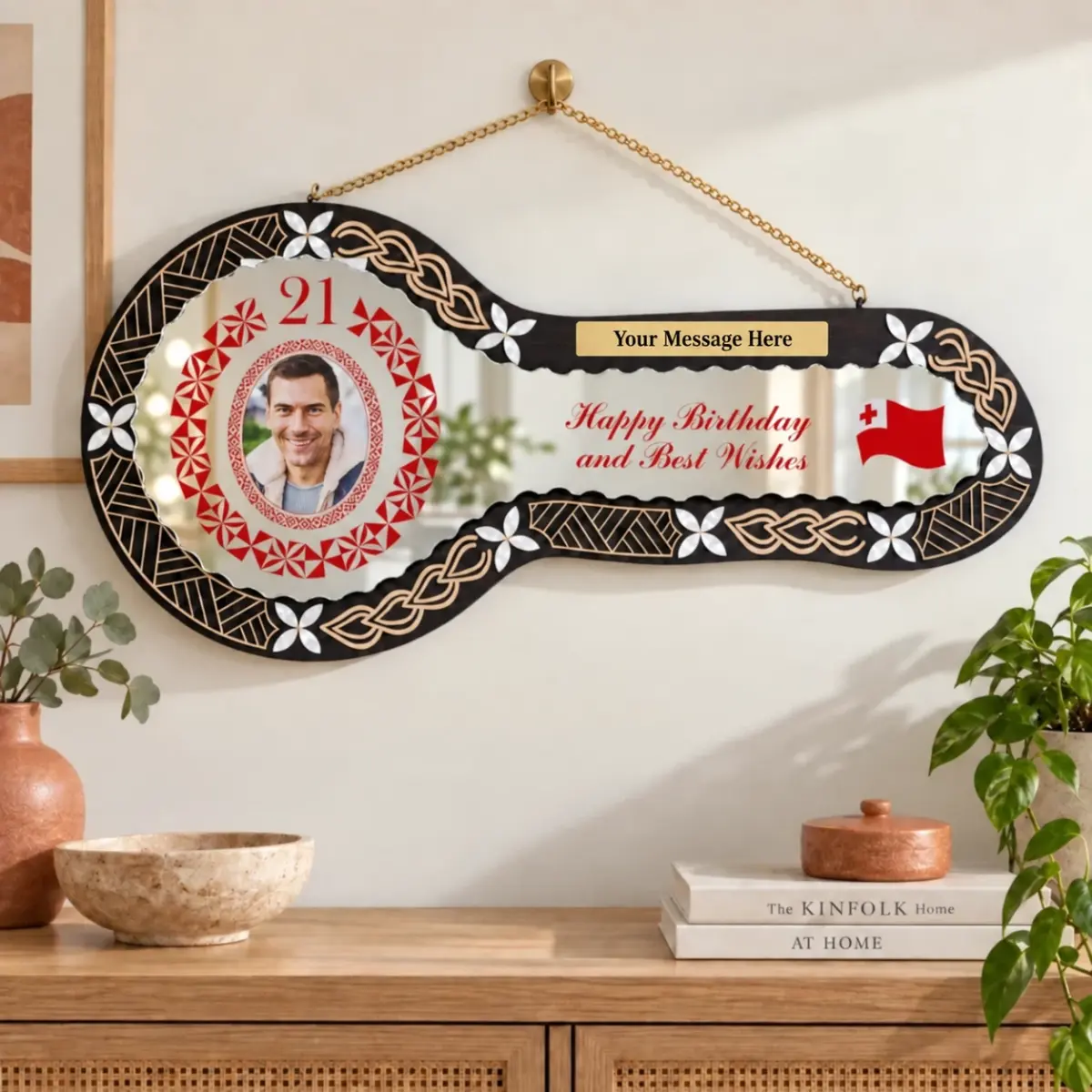 21st Birthday Wooden Key Black Shade Island Design with Tongan Design Mirror Key Insert - 2144BLKSJ2406