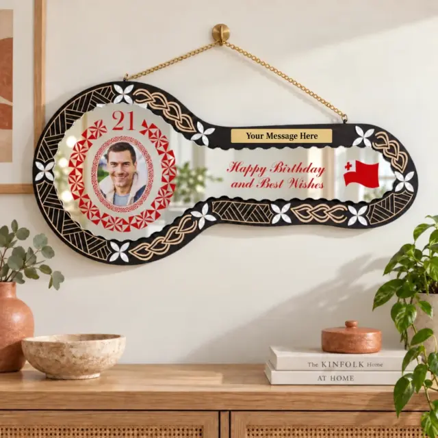 21st Birthday Wooden Key Black Shade Island Design with Tongan Design Mirror Key Insert - 2144BLKSJ2406