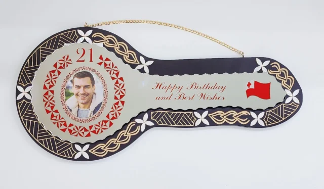 21st Birthday Wooden Key Black Shade Island Design with Tongan Design Mirror Key Insert - 2144BLKSJ2406