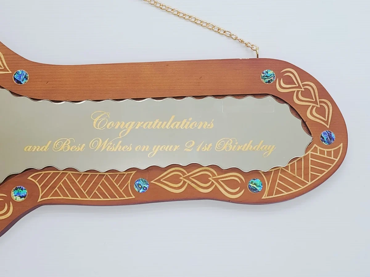 21st Birthday Wooden Key – “To A Special Son” Mirror Glass Design with Paua Shell Inlays - SJ2403BRNPAUA