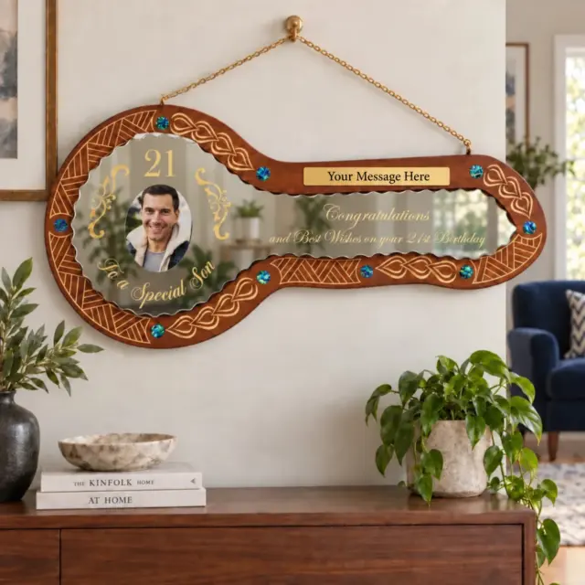 21st Birthday Wooden Key – “To A Special Son” Mirror Glass Design with Paua Shell Inlays - SJ2403BRNPAUA