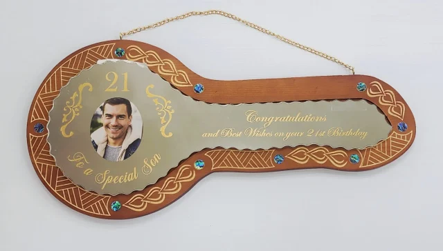 21st Birthday Wooden Key – “To A Special Son” Mirror Glass Design with Paua Shell Inlays - SJ2403BRNPAUA