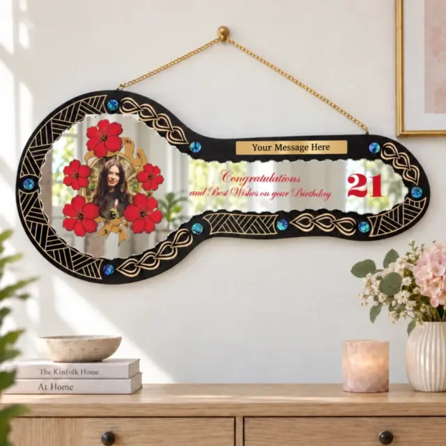 21st Birthday Wooden Key with Hibiscus Mirror Design, Paua Shell Inlays & Island-Inspired Detailing - SJREDHIBBLKPAUA