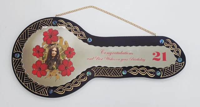 21st Birthday Wooden Key with Hibiscus Mirror Design, Paua Shell Inlays & Island-Inspired Detailing - SJREDHIBBLKPAUA