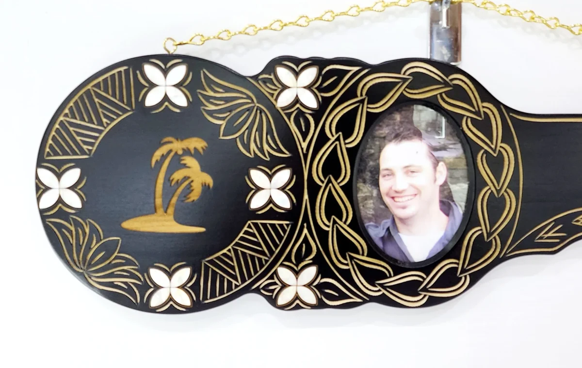 21st Hand Carved Island Design Key with Laser Engraved Palm Tree and White Mother Of Pearl Shell