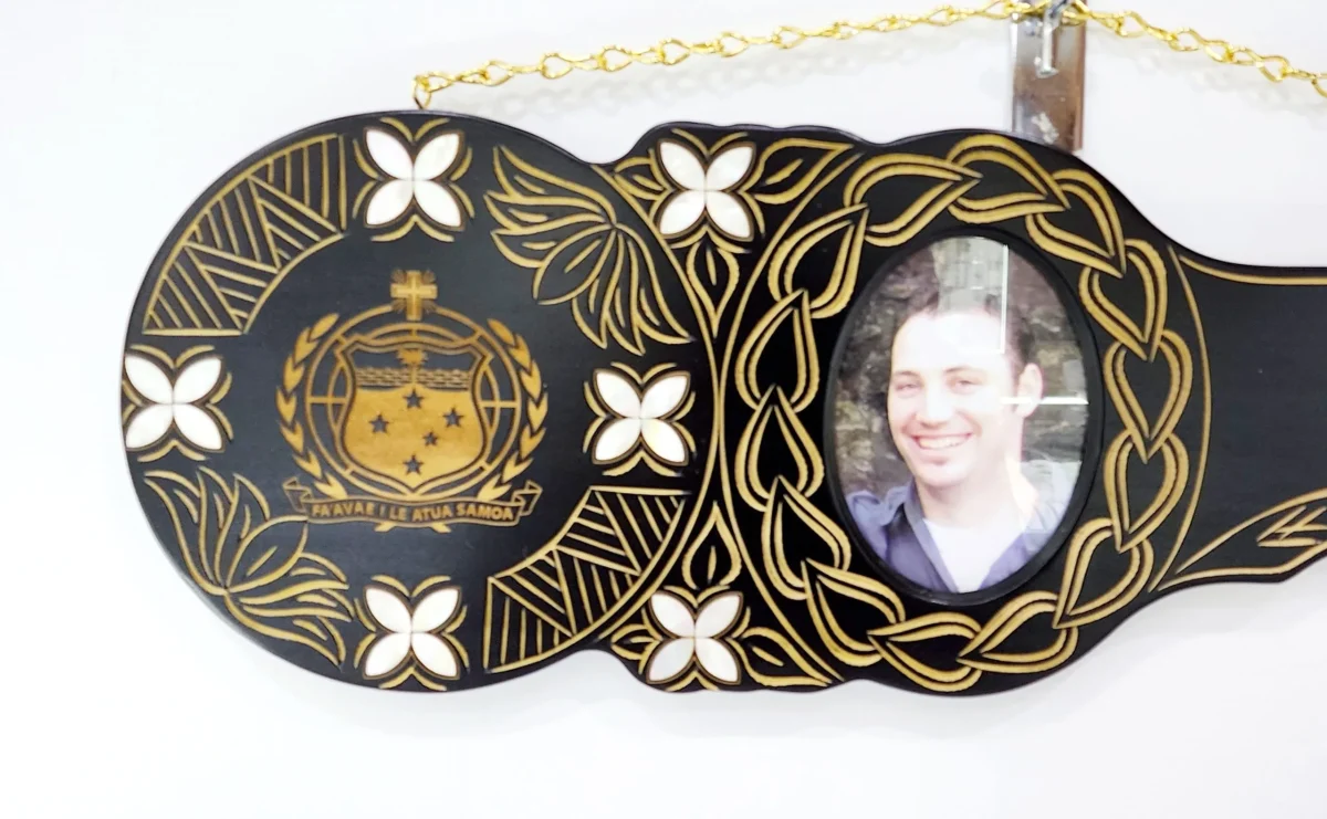 21st Hand Carved Island Design Key with Laser Engraved Samoan Sila and White Mother Of Pearl Shell
