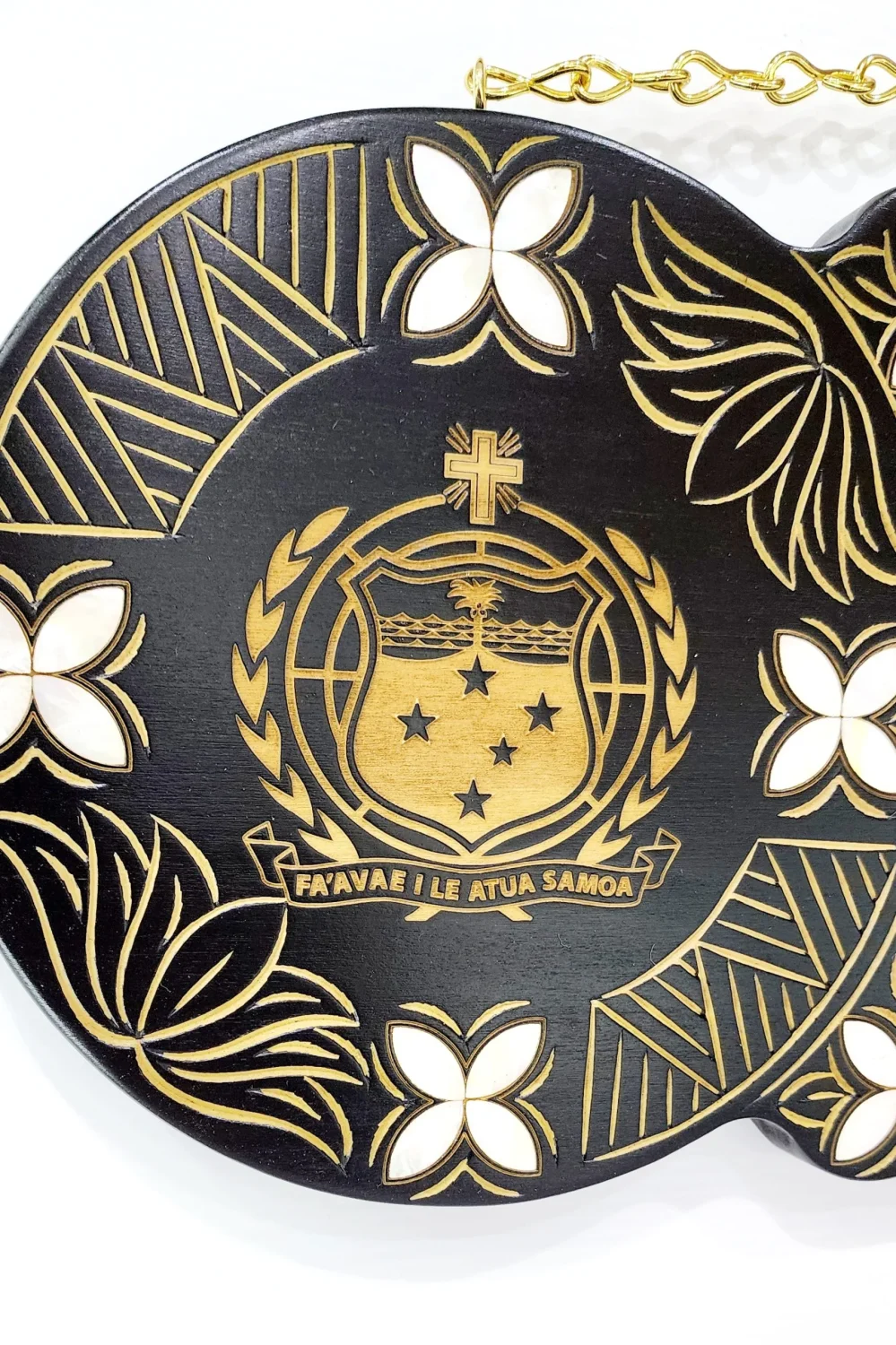 21st Hand Carved Island Design Key with Laser Engraved Samoan Sila and White Mother Of Pearl Shell