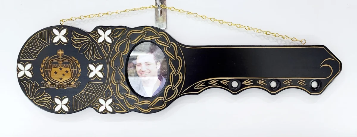 21st Hand Carved Island Design Key with Laser Engraved Samoan Sila and White Mother Of Pearl Shell