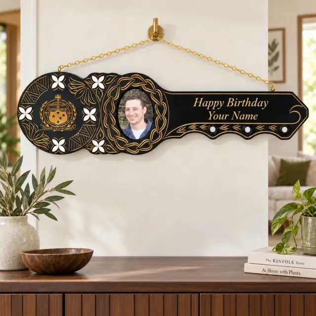 21st Hand Carved Island Design Key with Laser Engraved Samoan Sila and White Mother Of Pearl Shell