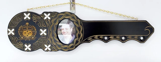 21st Hand Carved Island Design Key with Laser Engraved Samoan Sila and White Mother Of Pearl Shell