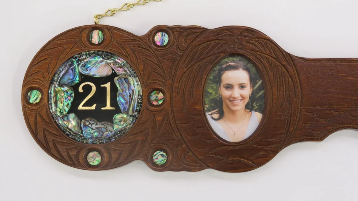 21st Hand Carved Island Design with 21 Paua Shell Disk Insert