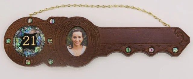 21st Hand Carved Island Design with 21 Paua Shell Disk Insert