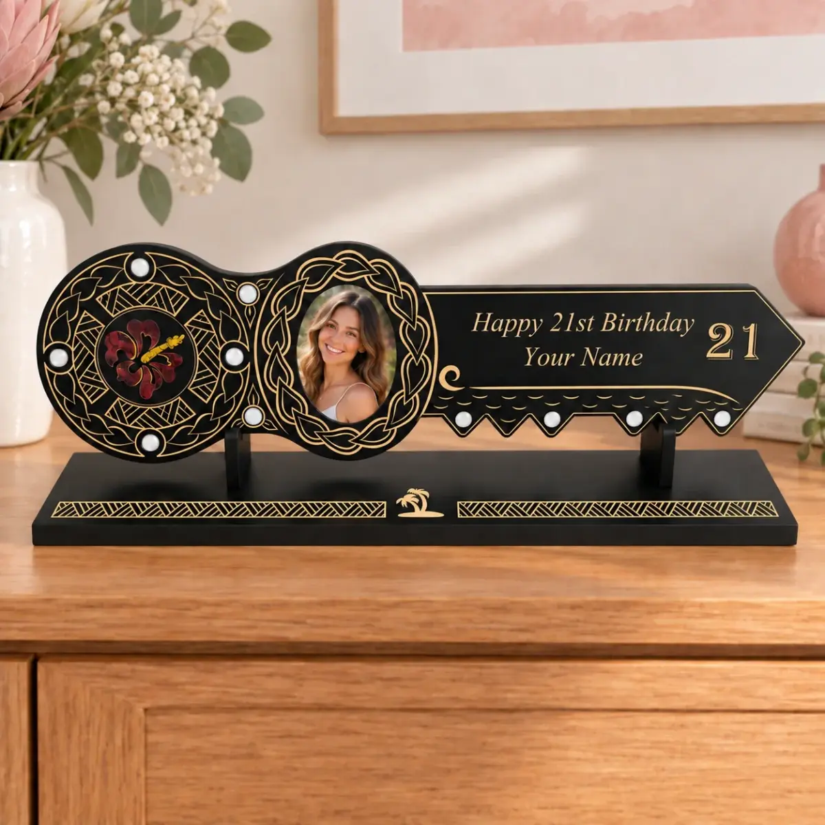 21st Island Design Key with Coloured Paua Shell Hibiscus Flower Inlay & 21 with Round White Mother of Pearl Inlays with Matching Stand - Design 2116 (Stand)