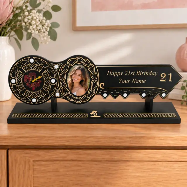 21st Island Design Key with Coloured Paua Shell Hibiscus Flower Inlay & 21 with Round White Mother of Pearl Inlays with Matching Stand - Design 2116 (Stand)